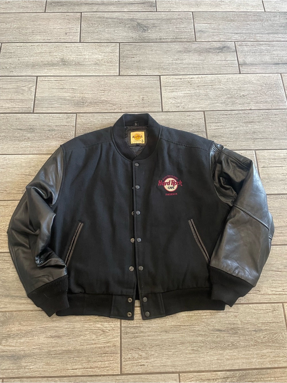 Hard Rock Cafe Black Wool Body with Black Leather-Sleeve Varsity Jacket